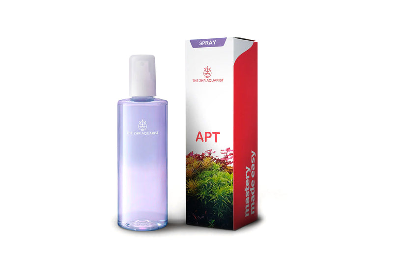 Bottle of 2HR Aquarist APT Dew fertilizer for aquatic plants, with label showing product details and brand name.