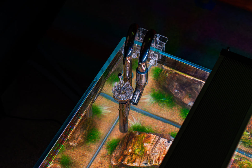 Aqua Worx Flux stainless steel lily pipes with skimmer for aquarium filtration, featuring sleek design and high-quality construction.