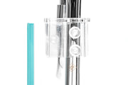 Aqua Worx Flux stainless steel lily pipes with built-in skimmer for aquarium filtration, featuring sleek metal design and clear water flow.
