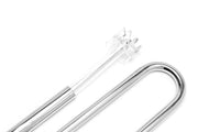 Aqua Worx Flux stainless steel lily pipes with integrated skimmer for aquarium filters, showcasing sleek design and plumbing components.