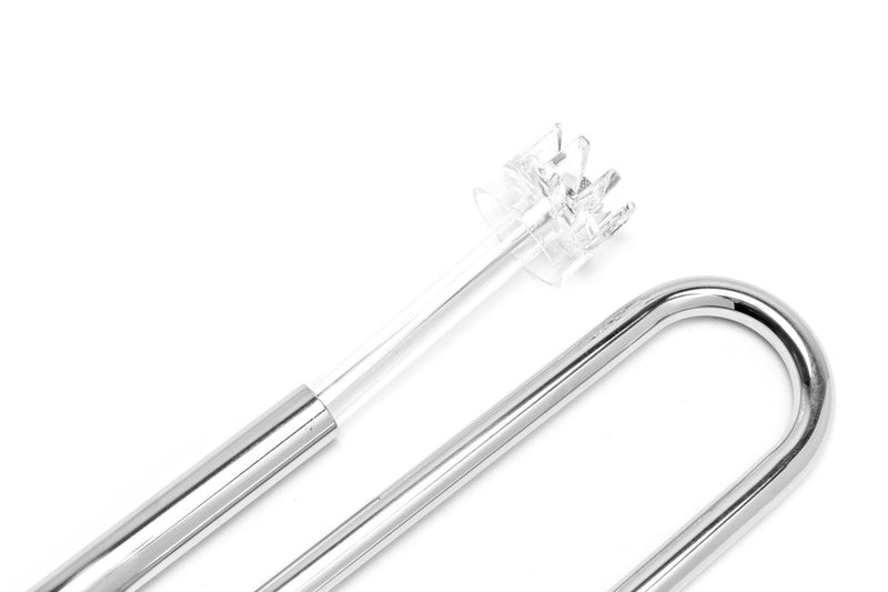 Aqua Worx Flux stainless steel lily pipes with integrated skimmer for aquarium filters, showcasing sleek design and plumbing components.