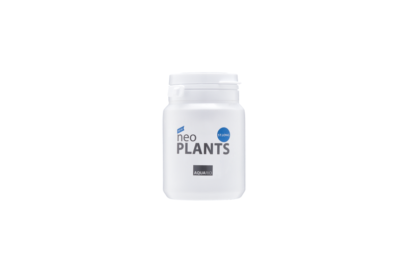 Aquario Neo Plants Tab Long slow-release root fertilizer for aquatic plants, shown in a clear container with green plants.