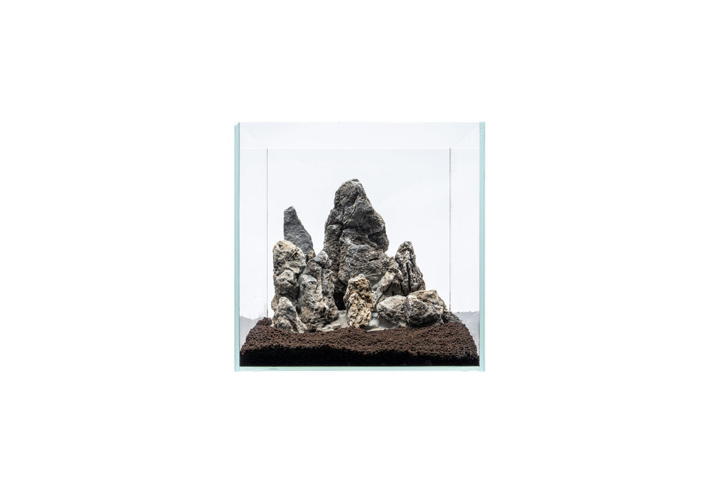 UNSHARDSCAPE Boutique Seiryu Stone Showpiece, smooth gray stone sculpture on a wooden base, decorative natural stone decor.