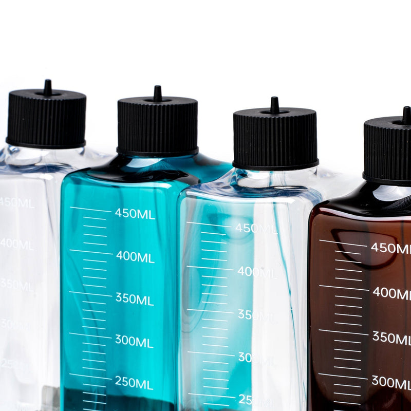 Chihiros dosing container kit for aquarium supplement dosing, includes multiple clear plastic bottles and measuring caps.