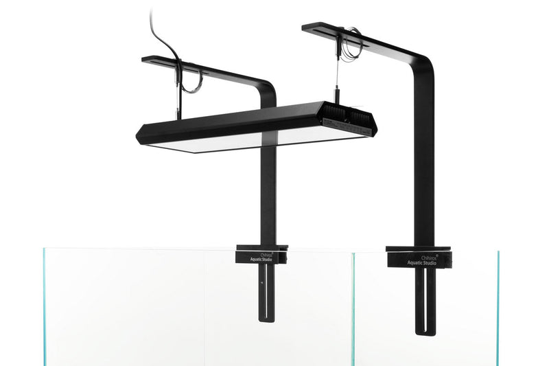 Small Chihiros RGB Vivid & WRGB light stand for aquarium lighting, showcasing adjustable LED lights on a compact stand.