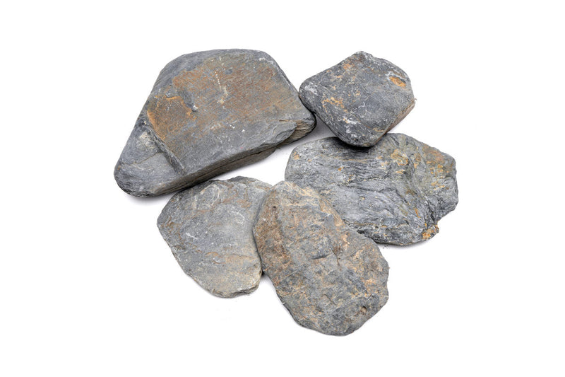 Dark blue slate stone from UNSHARDSCAPE with a textured surface, showcasing natural variations in color and pattern.