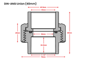 Flowcolour UPVC DIN to ANSI union fitting, plumbing accessories, showing the connection between two pipes.