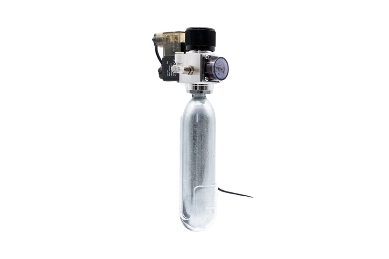 Dymax CO2 disposable cartridge holder accessory for securing CO2 cartridges in welding or brewing equipment.