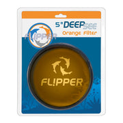 Flipper DeepSee orange lens filter accessory for cameras, showing a close-up of the 5-inch orange-tinted filter for photography.