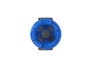 Flowcolour International UPVC gate valve accessory with blue handle and threaded connections for plumbing or irrigation systems.