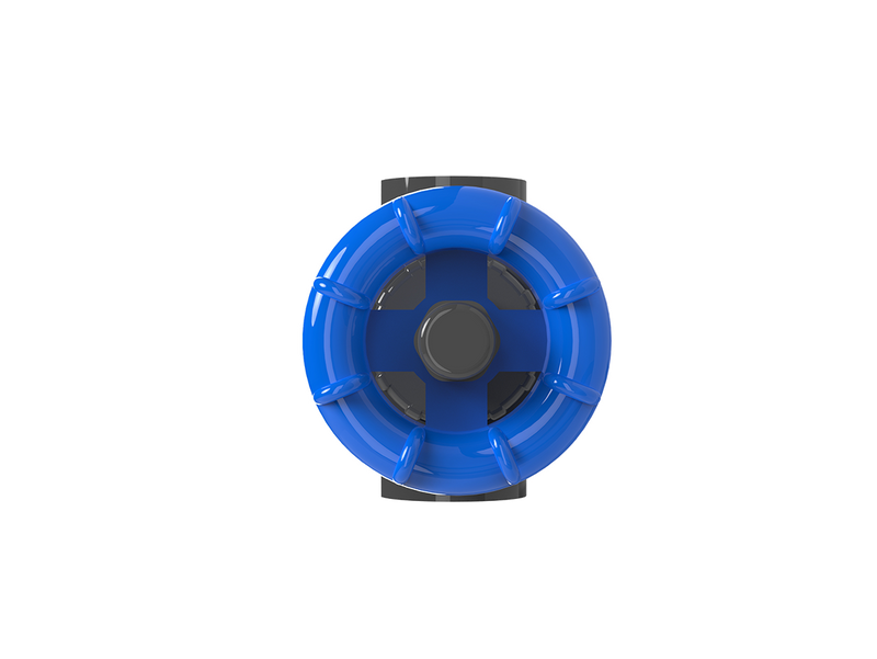 Flowcolour International UPVC gate valve accessory with blue handle and threaded connections for plumbing or irrigation systems.