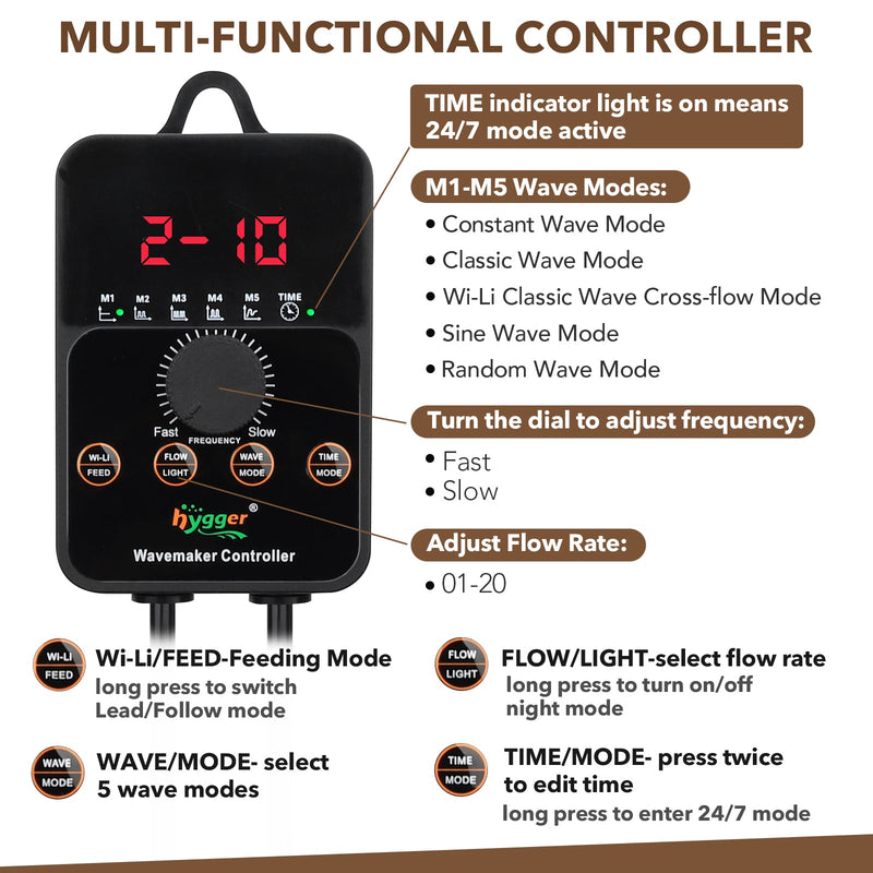 Hygger 24/7 Custom Mode Wave Maker accessory with adjustable flow controls for aquarium water movement.