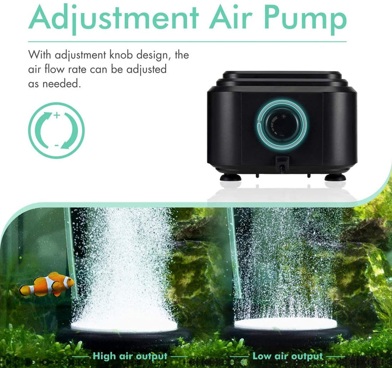 Hygger adjustable eco air pump 10W for aquarium and pond aeration, compact black device with control knob.