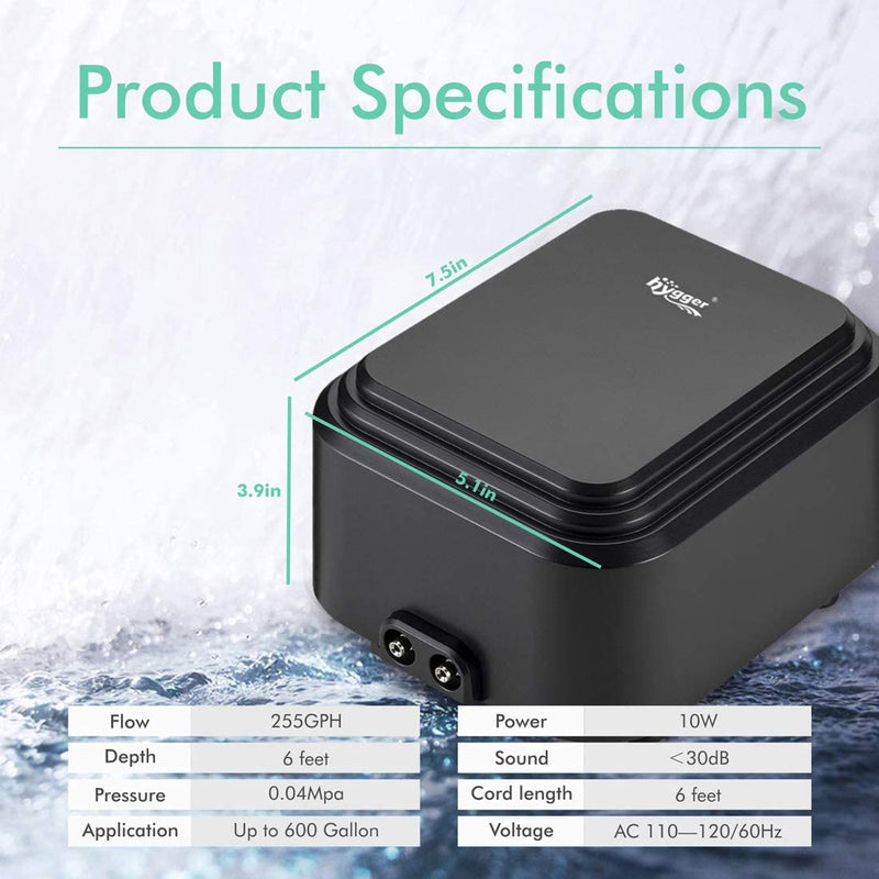 Hygger adjustable eco air pump 10W, a compact accessory with a black and silver design for aquarium or hydroponic use.