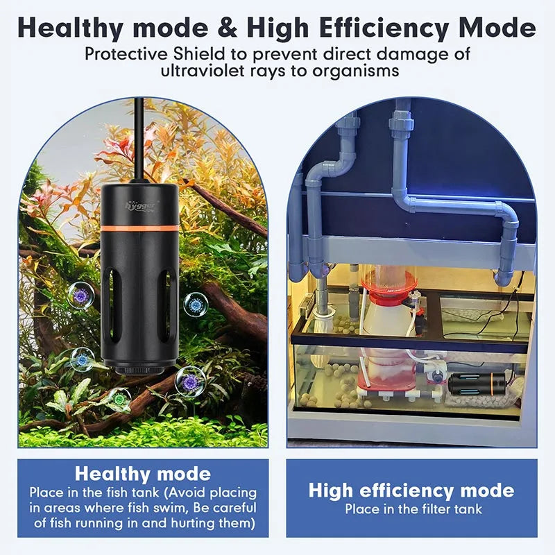 Hygger Aquarium UV Sterilizer attached to fish tank, showcasing compact water sterilization accessory for freshwater or saltwater aquariums.