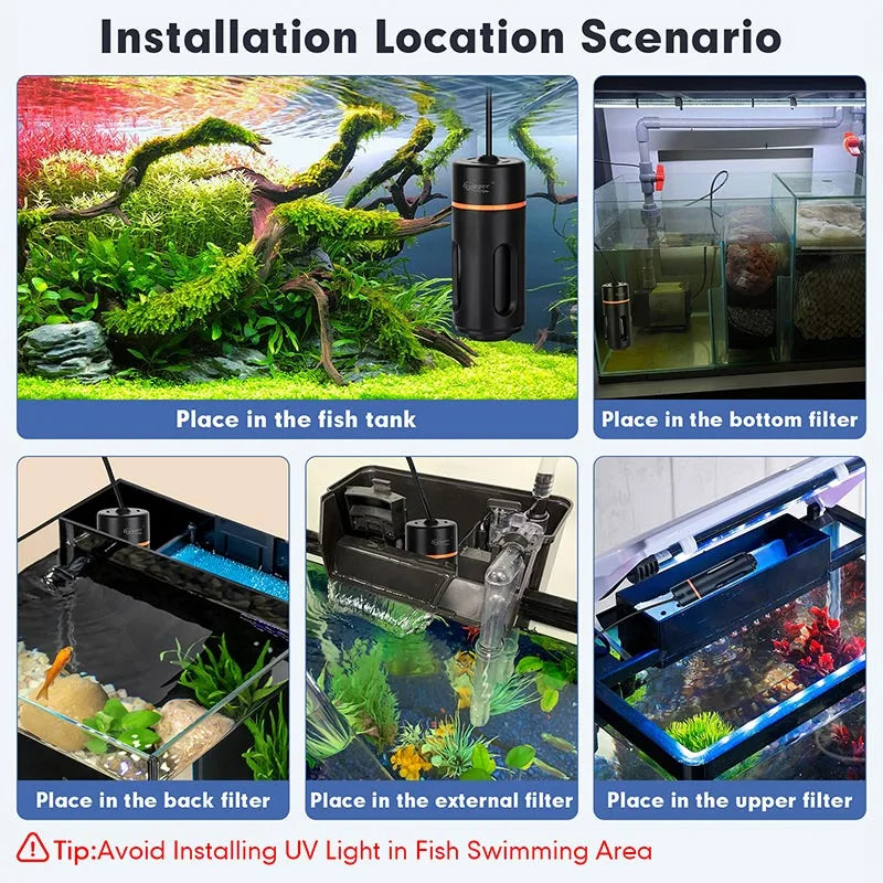 Hygger Aquarium UV sterilizer attached to aquarium, with clear tubes and control unit, used for water sterilization and algae control.