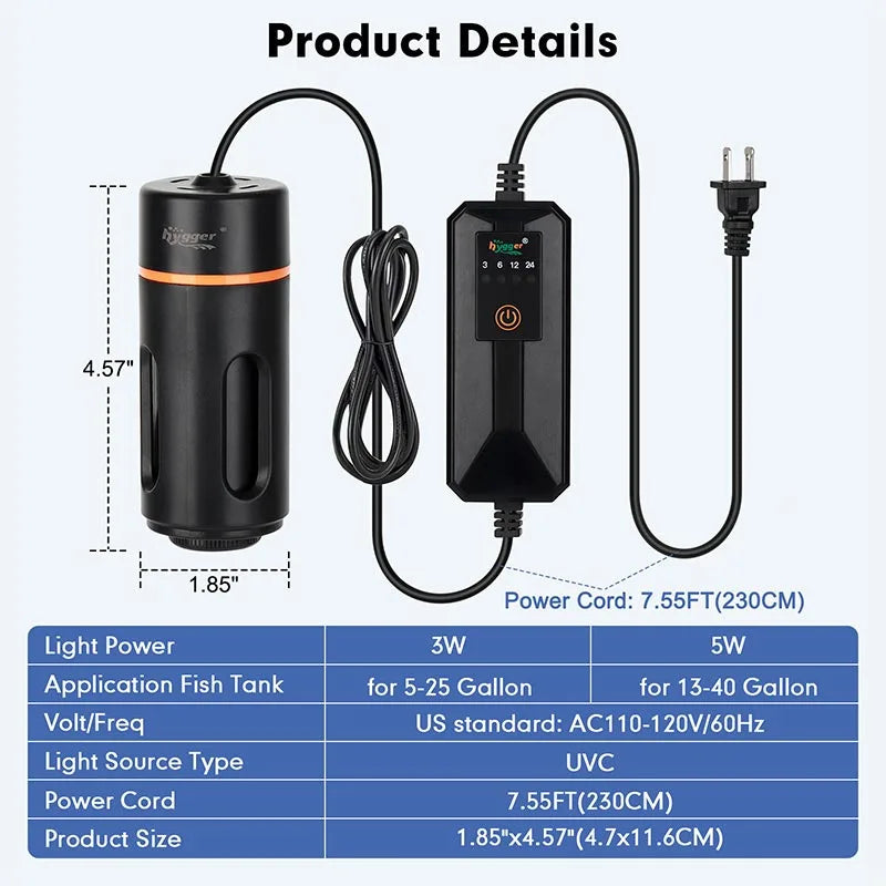 Hygger Aquarium UV Sterilizer accessory, compact device with clear cylindrical body, designed for water sterilization in fish tanks