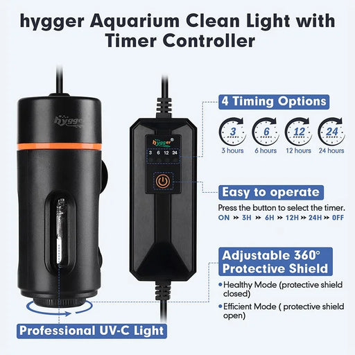 Hygger Aquarium UV Sterilizer accessory, cylindrical device with control panel, used for sterilizing water in fish tanks.