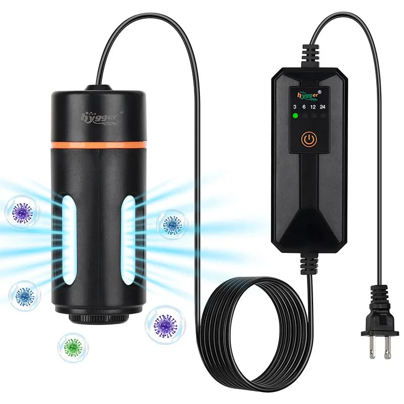 Hygger Aquarium UV Sterilizer, clear cylindrical device with control knob, designed for aquarium water sterilization.