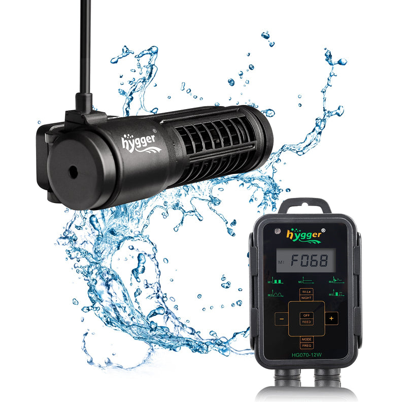 Hygger Cross Flow Wave Pump accessory showing a compact, cylindrical water pump with inlet and outlet connections for aquarium use.