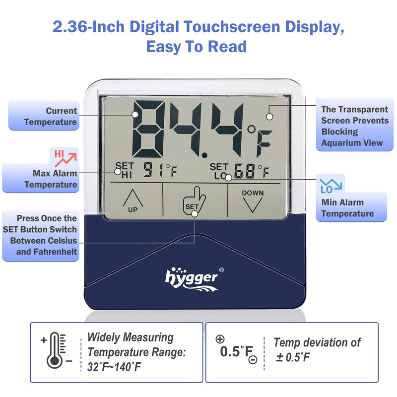Hygger digital thermometer accessory showing a clear digital display with temperature readings and control buttons.