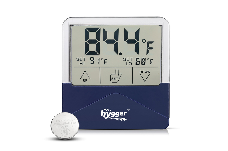 Hygger digital thermometer accessory showing a digital display with temperature readings on a white background.