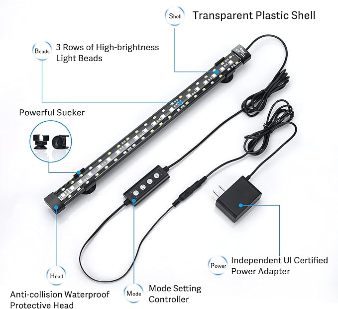 Hygger Dunker submersible aquarium light illuminating a fish tank with colorful LED lighting.