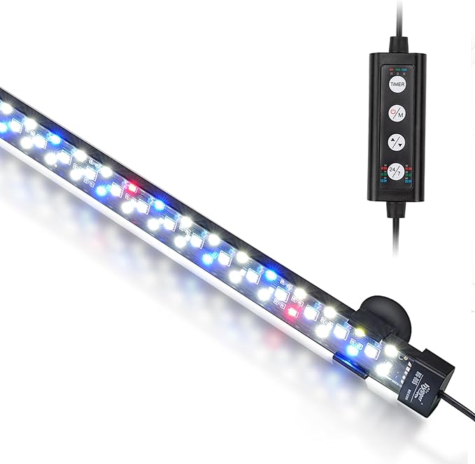 Hygger Dunker submersible aquarium light glowing underwater with adjustable brightness in a clear tank.