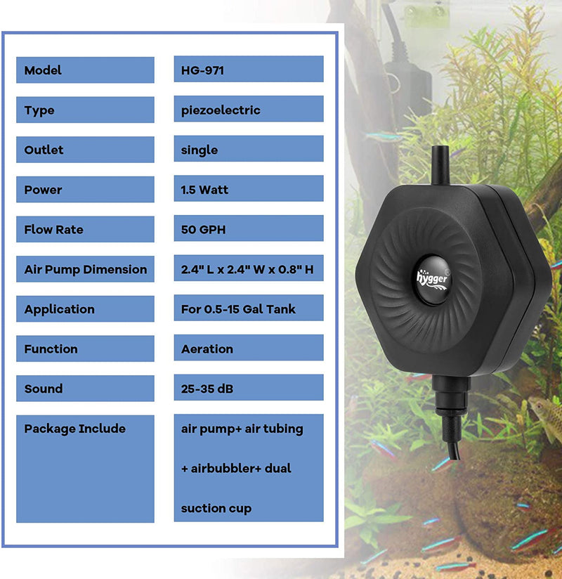 Hygger hexagon air pump with accessories, compact portable device for inflating and air circulation.