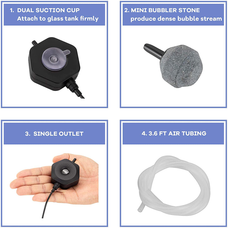 Hygger hexagon air pump with accessories, compact device for aeration and air delivery, shown with attached fittings and tubing.