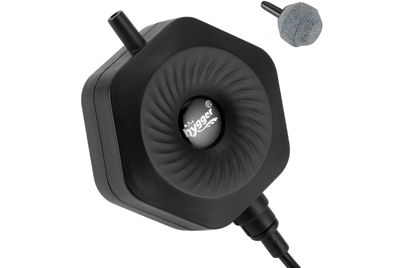 Hygger Hexagon Air Pump with accessories, compact pump device with attached tubing and connectors for aquarium or air circulation.