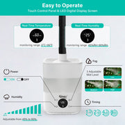 Hygger humidifier with built-in hygrometer and thermometer, white plastic appliance for maintaining indoor humidity levels.