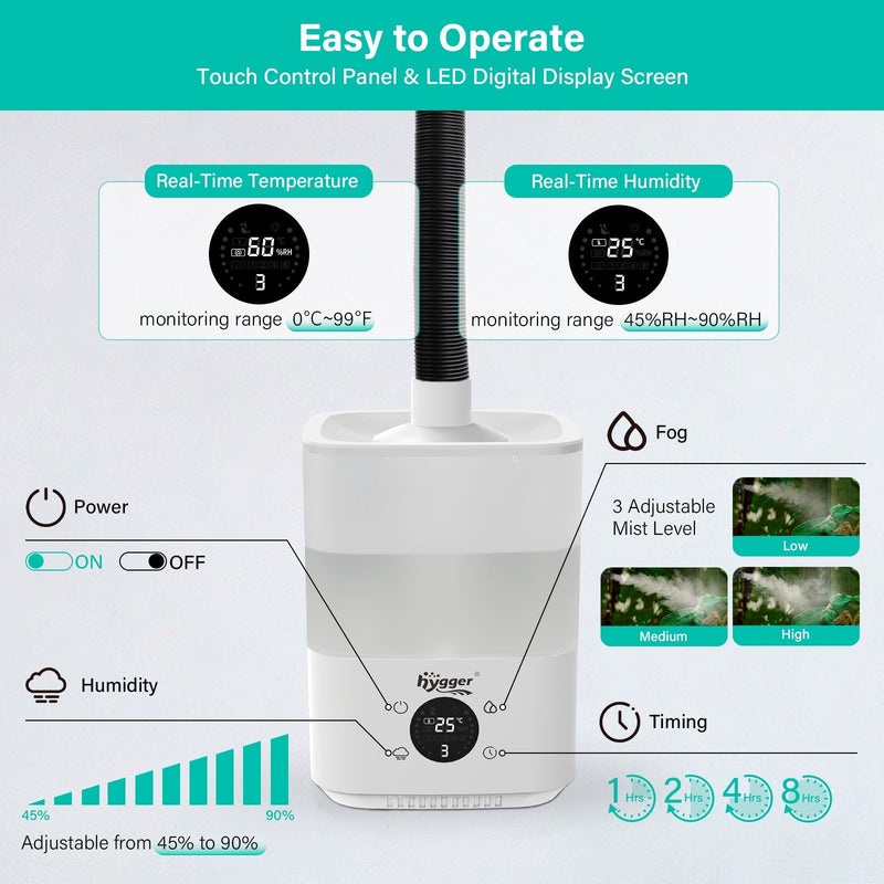 Hygger humidifier with built-in hygrometer and thermometer, white plastic appliance for maintaining indoor humidity levels.