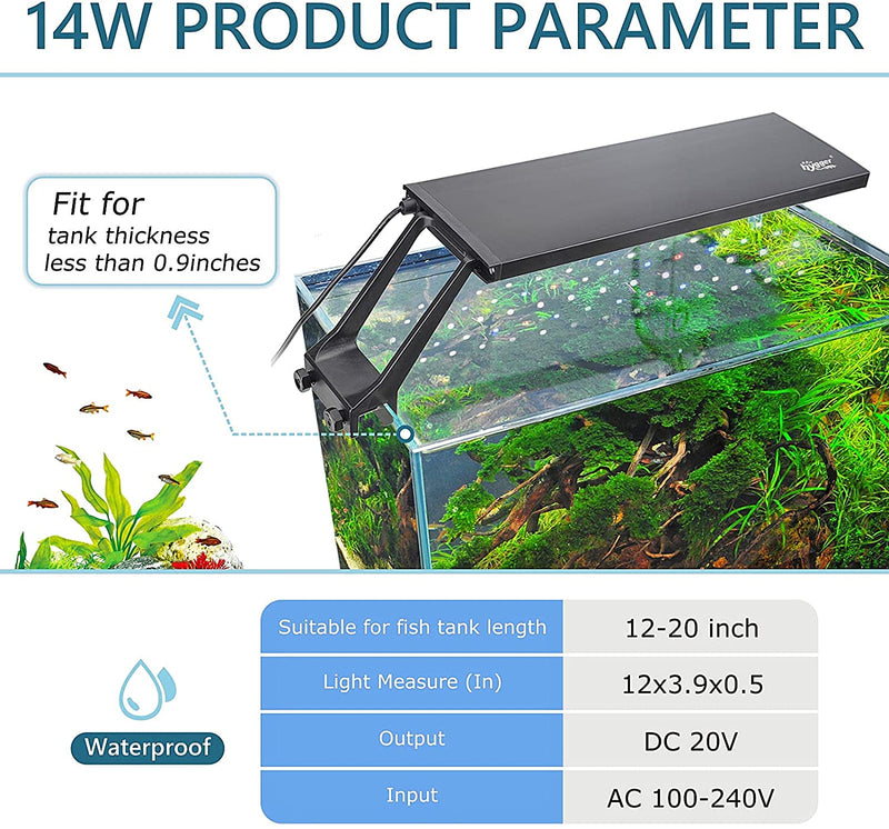 Hygger LED clip-on light HG990 for 24/7 illumination, adjustable brightness, compact design, suitable for aquariums or small spaces.