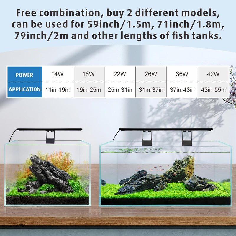 Hygger full spectrum LED light for indoor plants, showing a sleek black fixture with adjustable settings and bright LED panels.