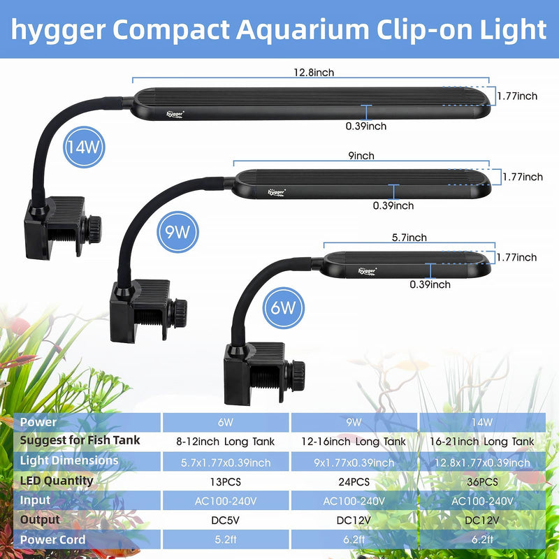 Hygger LED Light Nano Clip-On, compact lighting with adjustable clip for aquarium or desk use, in a sleek design.