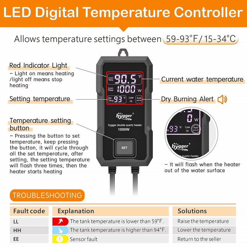 Hygger quartz aquarium heater with digital LED controller, compact accessory with adjustable temperature controls for fish tanks.