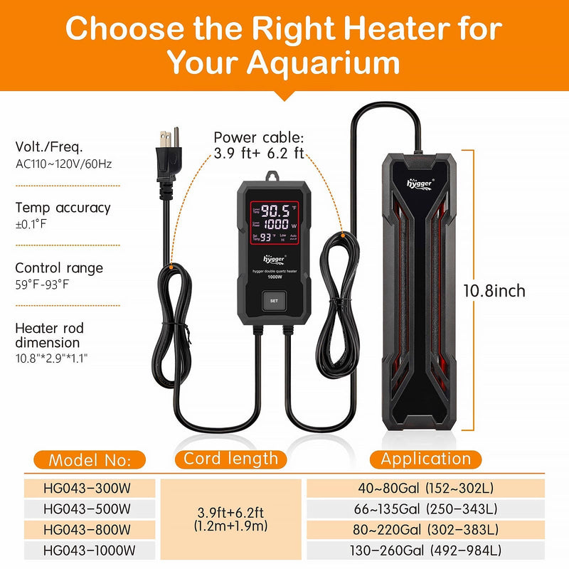 Hygger quartz aquarium heater with digital LED controller, showing the heater and control panel for maintaining water temperature.