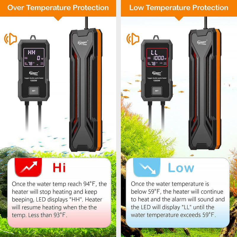 Hygger quartz aquarium heater with digital LED controller, compact accessory for maintaining aquarium water temperature.