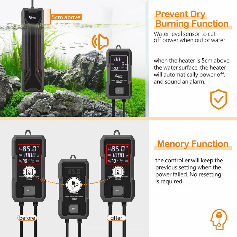 Hygger quartz aquarium heater with digital LED controller showing a sleek, compact design for precise water temperature control.