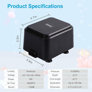 Hygger Silent Air Pump 5W, compact aquarium accessory with quiet operation, black plastic body and air outlet nozzle.