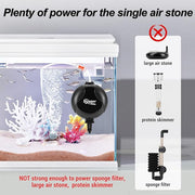 Hygger Silent Mini Air Pump accessory showing a compact, black air pump with control knobs and air outlet.