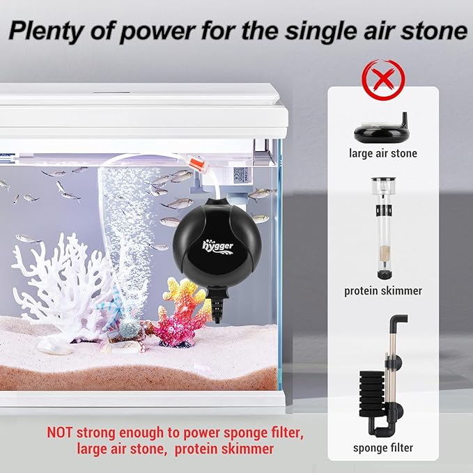 Hygger Silent Mini Air Pump accessory showing a compact, black air pump with control knobs and air outlet.