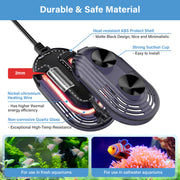 Hygger submersible aquarium heater in a tank, black plastic body with adjustable temperature dial, designed for aquatic environments.