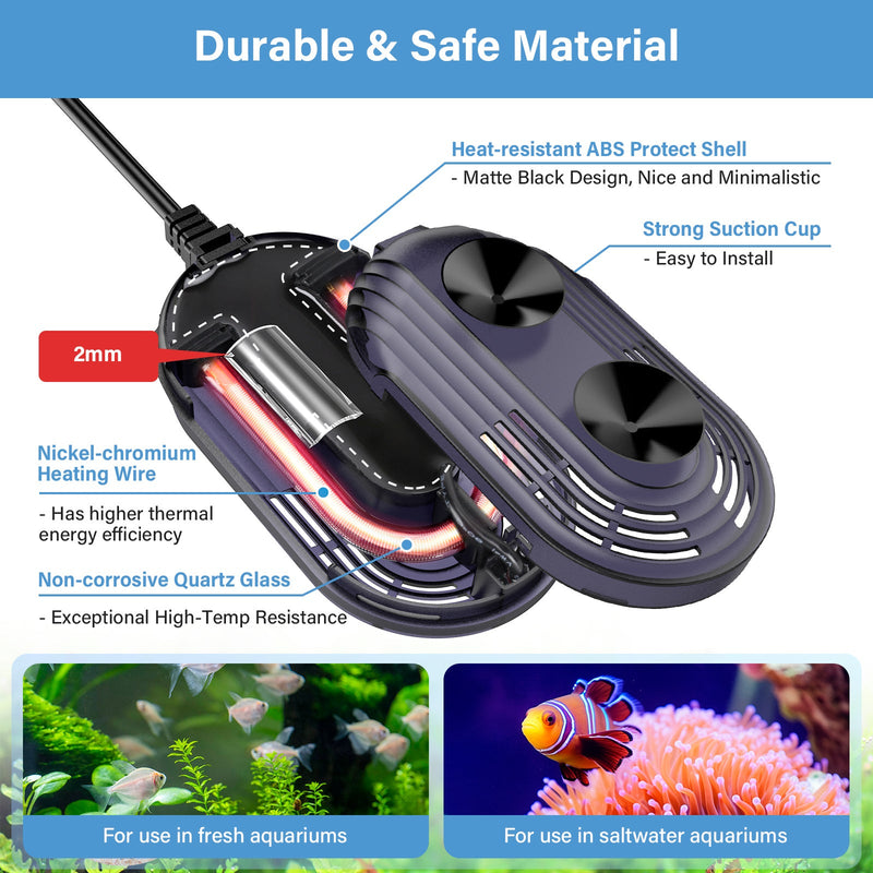 Hygger submersible aquarium heater in a tank, black plastic body with adjustable temperature dial, designed for aquatic environments.