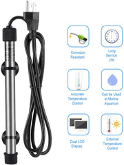 Hygger submersible titanium pinpoint aquarium heater in a tank, showing its compact design and control dial for precise temperature.