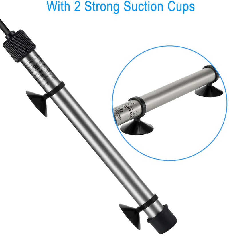 Hygger submersible titanium pinpoint aquarium heater attached to an aquarium, designed for precise temperature control.