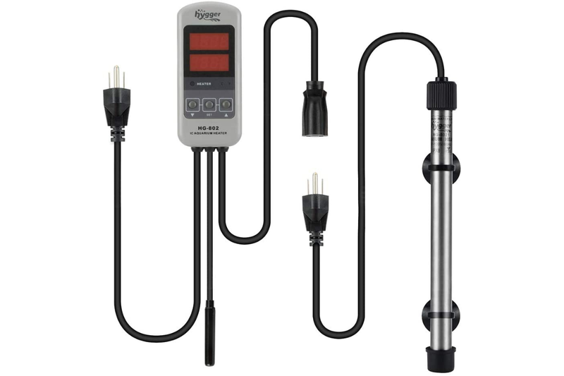 Hygger submersible titanium pinpoint aquarium heater next to fish tank, showcasing compact, durable aquarium heating accessory.