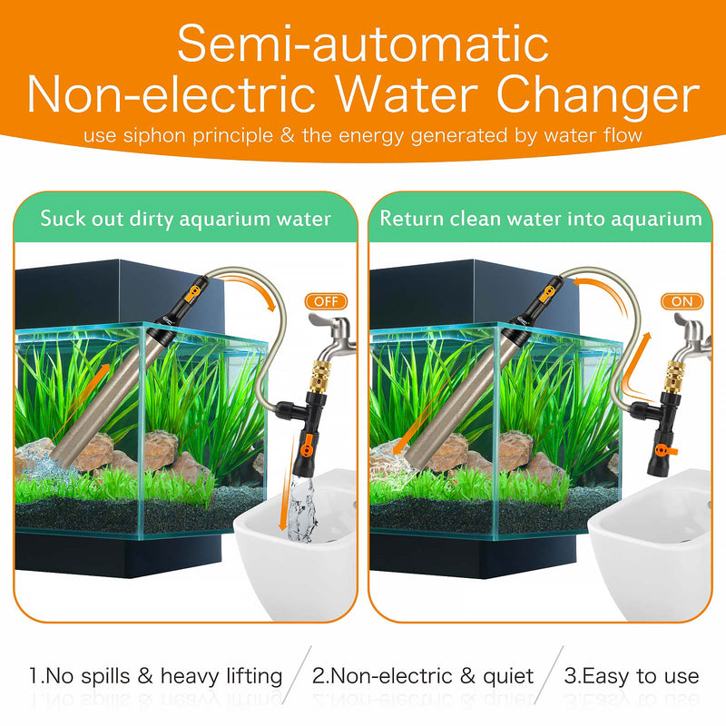 Hygger water changer with metal faucet connector, flexible hose and easy-use accessories for aquarium water changes.