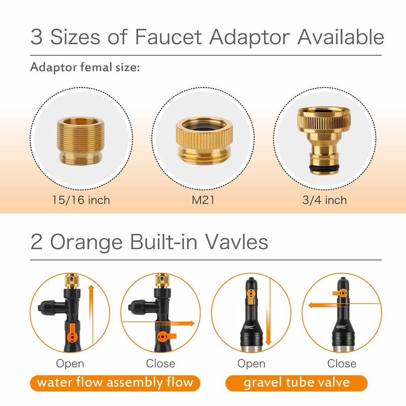 Hygger water changer with metal faucet connector, adjustable garden hose adapter for aquarium water changes and maintenance